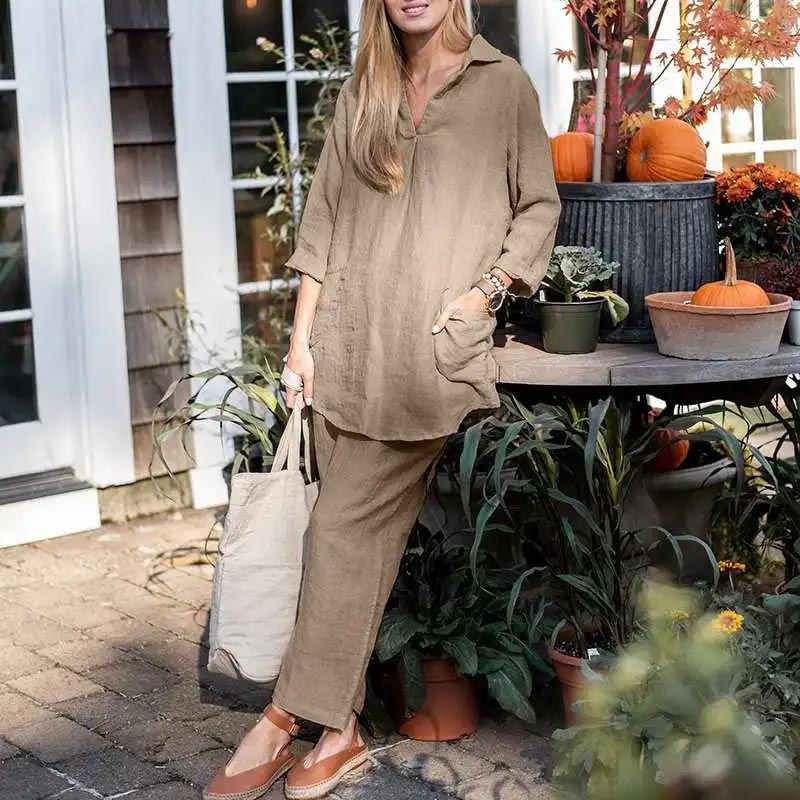 Women’s Elegant Vintage Cotton and Linen 2-piece Set with Long-sleeve Blouse and Pants