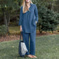 Women’s Elegant Vintage Cotton and Linen 2-piece Set with Long-sleeve Blouse and Pants
