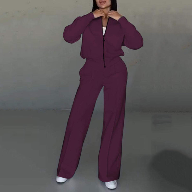 🌸Women's Two-Piece Relaxed Fit Set - Zippered Jacket and Wide-Leg Pants