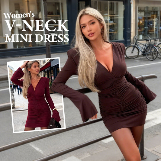 Women's Flattering Ruched V-Neck Mini Dress